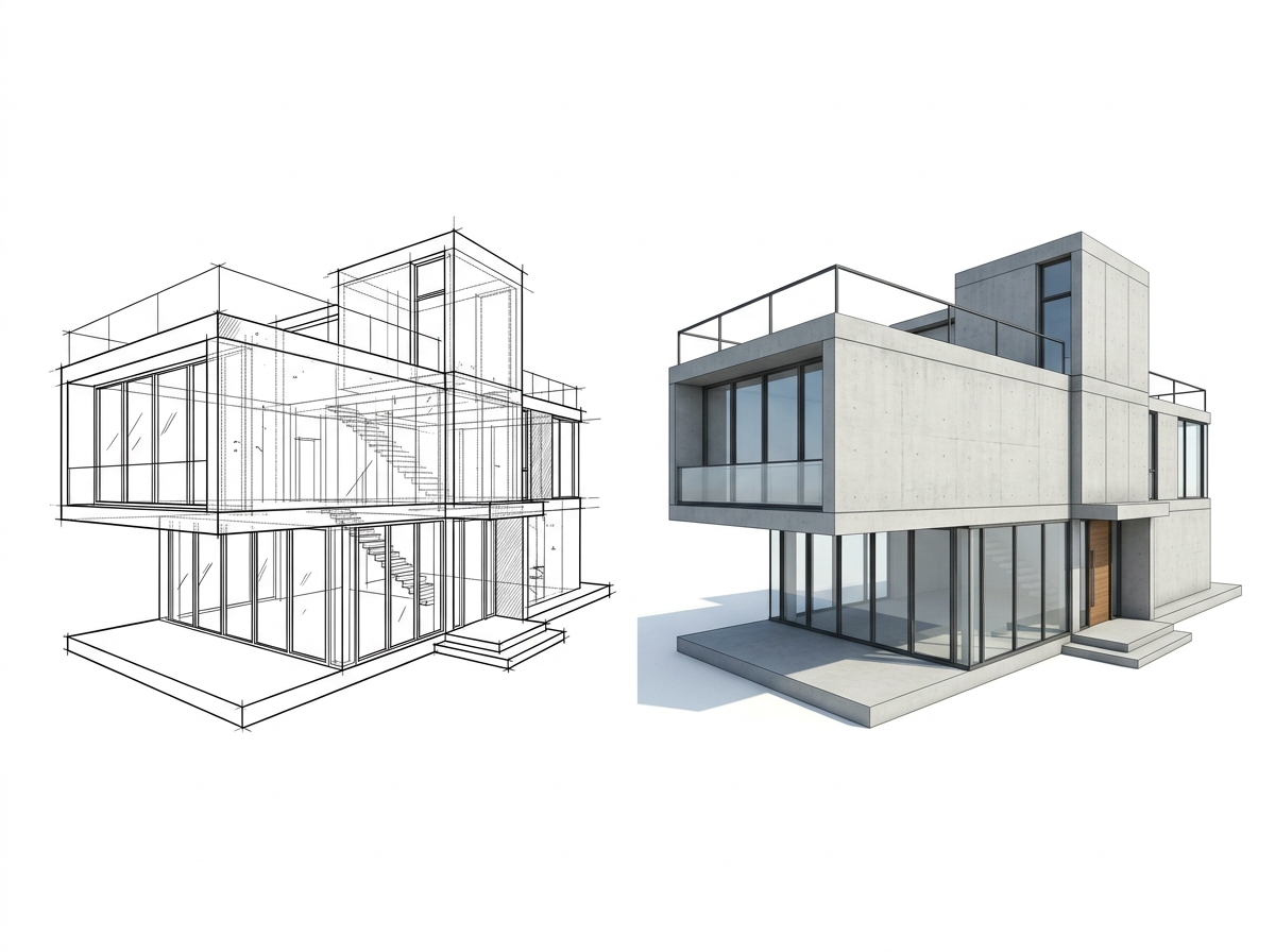 Render axonométrico y estructura arquitectónica