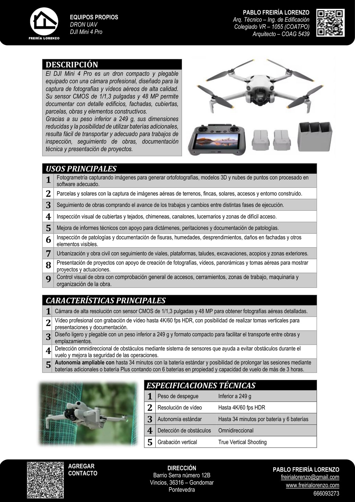 Ficha técnica de equipos propios con especificaciones, 48 MP, detección omnidireccional y 9 usos principales del dron