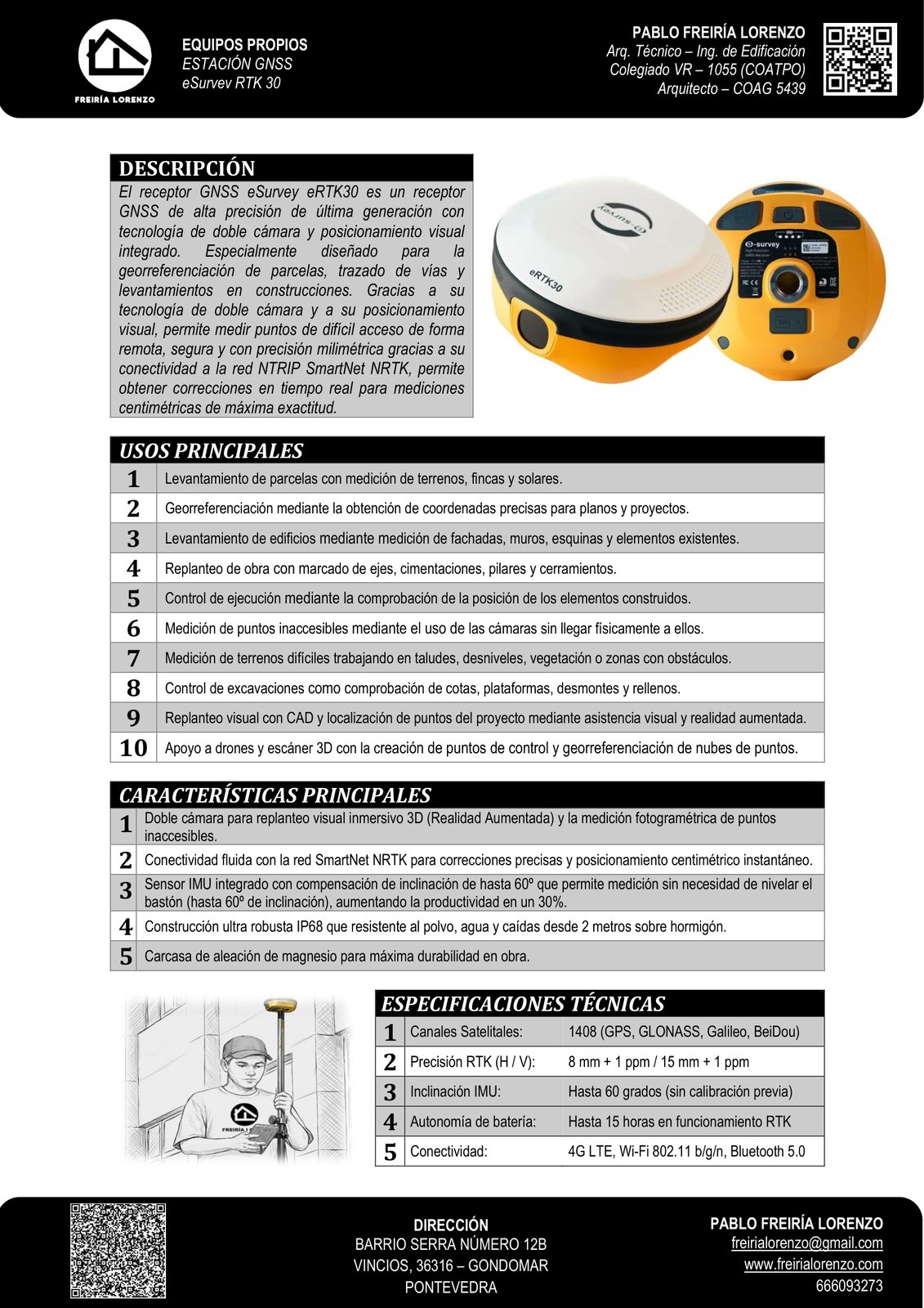 Ficha técnica oficial de equipos propios con especificaciones, 1408 canales, sensor IMU 60º y doble cámara de Realidad Aumentada