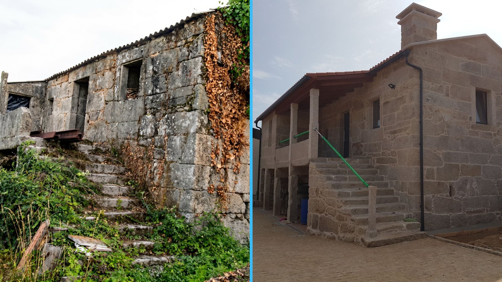 Comparativa antes y después de rehabilitación y reforma de vivienda unifamiliar de piedra en Tui (Pontevedra)